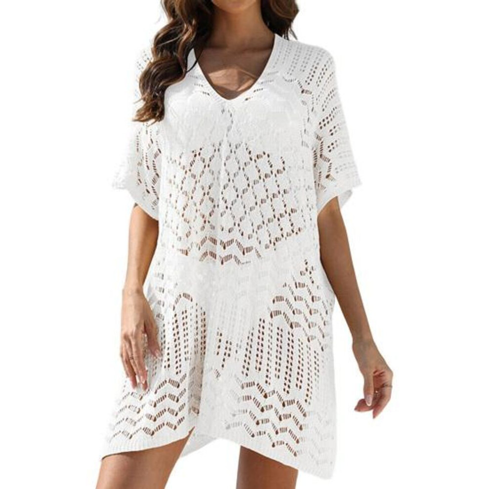 (white) Women's Mesh Crochet Swimwear Cover-up V-neck Short Sleeve Hollow Out Beachwear Loose Fit Bikini Cover Up Dress For Vacation Travel