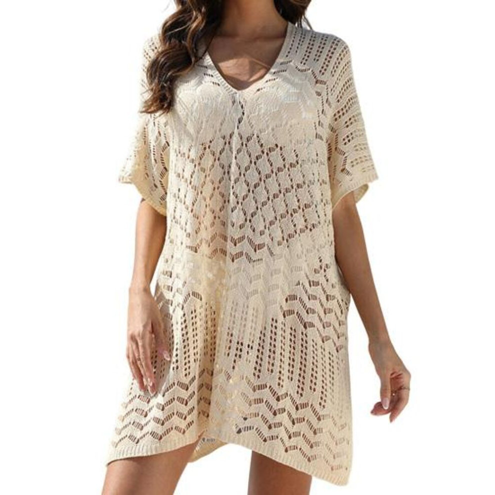 (beige) Women's Mesh Crochet Swimwear Cover-Up V-Neck Short Sleeve Hollow Out Beachwear Loose Fit Bikini Cover Up Dress for Vacation Travel