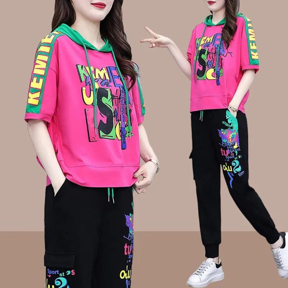 (rose red, M) Sportswear Suit Ladies Loose Large Size Fashionable Western Style Casual Fat Sister Two-piece Suit