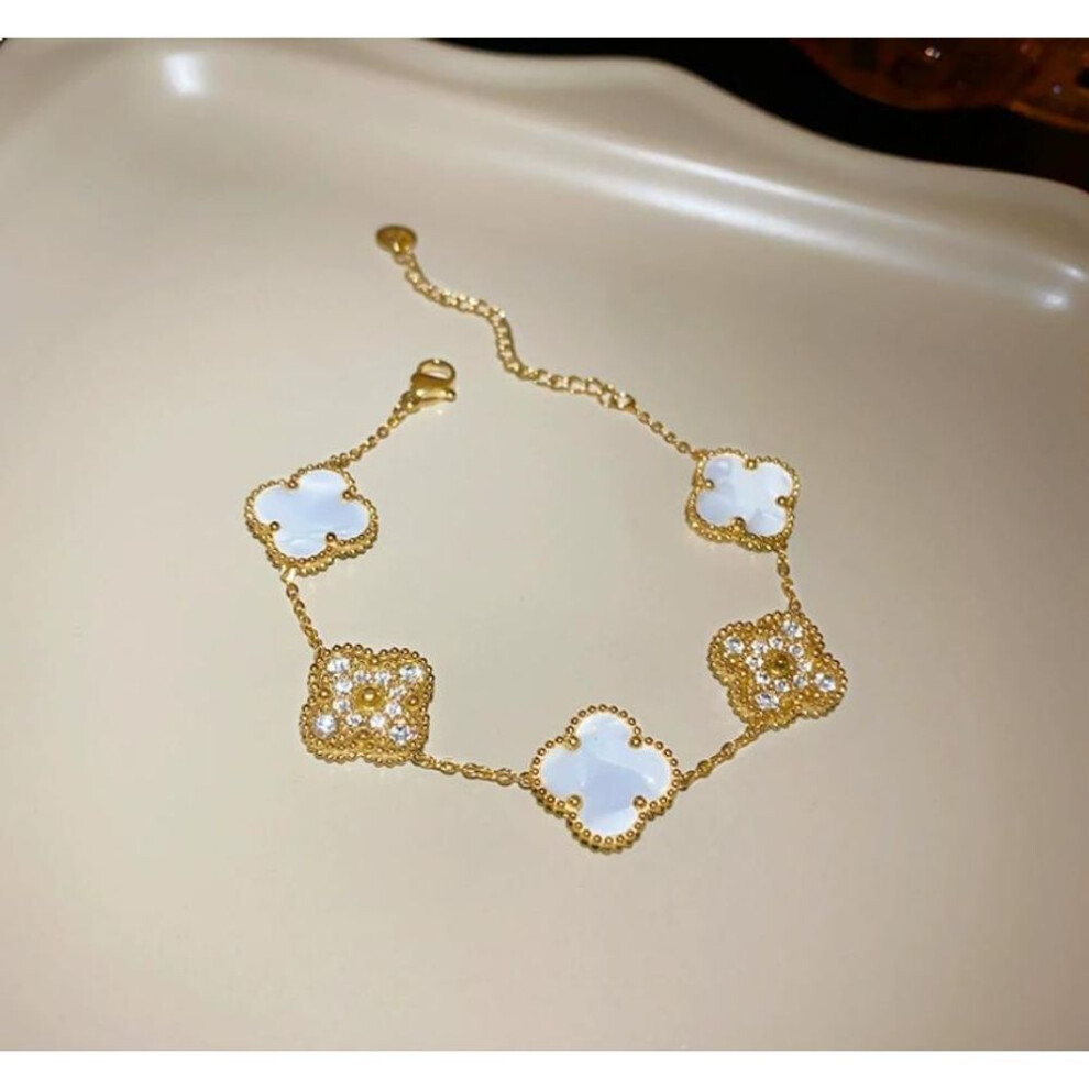 (gold, 19-24cm) Electroplated zircon mother of pearl flower bracelet trendy and high-end commuting bracelet fashionable and versatile shiny bracelet