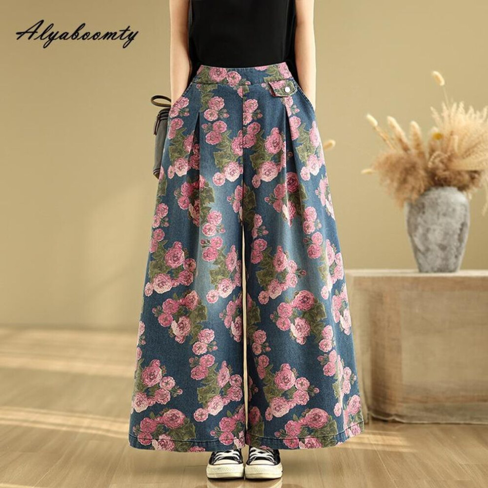 (pink, L) Plus Size Summer Women Streetwear Wide Leg Jeans High Waist Retro Floral Print Baggy Denim Trousers Vintage Casual Loose Oversized Jeans