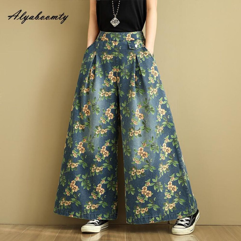 (multicolor, XL) Plus Size Summer Women Streetwear Wide Leg Jeans High Waist Retro Floral Print Baggy Denim Trousers Vintage Casual Loose Oversized Jeans