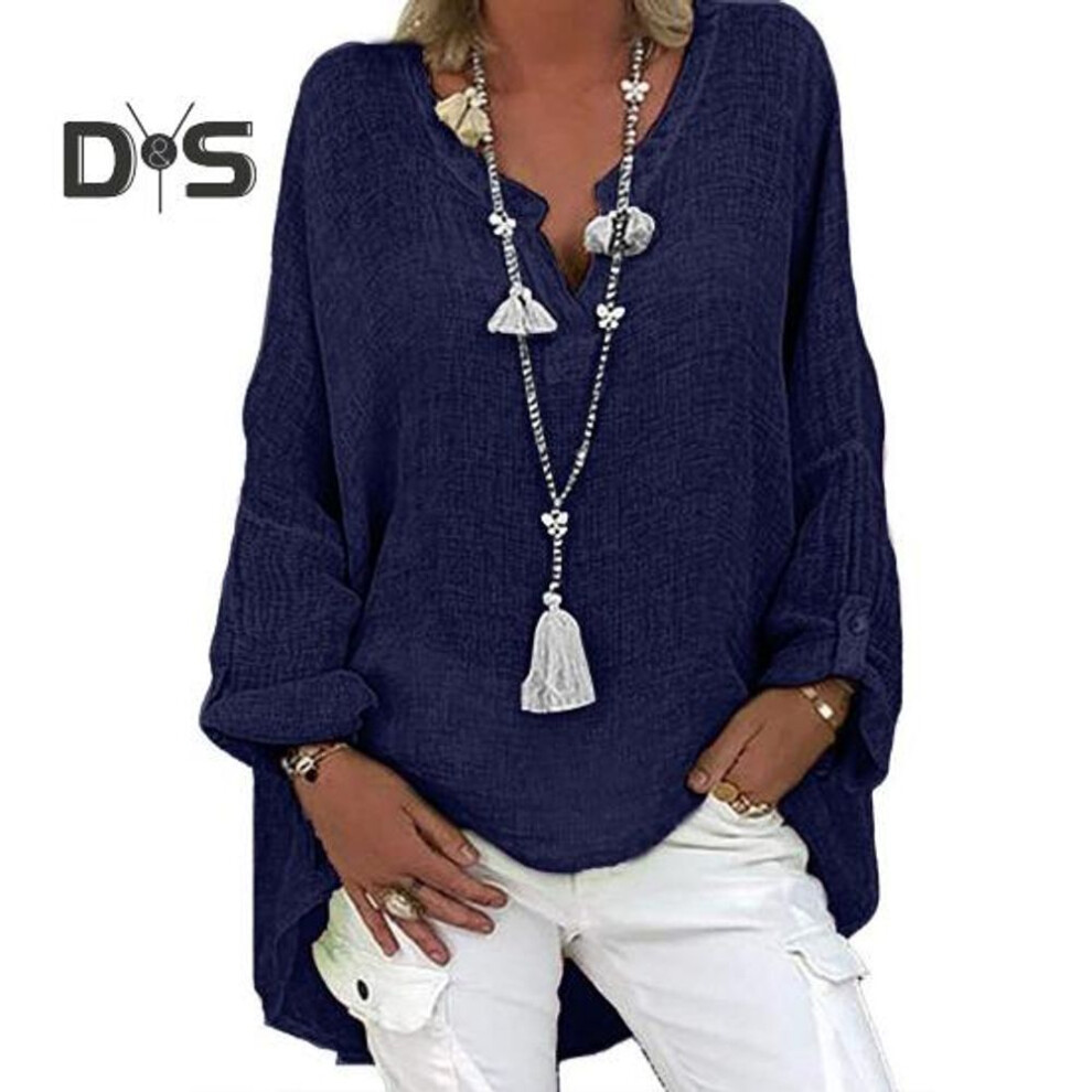 (XL, dark blue) Women Shirt V-neck Long Sleeve Mid-length Casual Tops Solid Color Loose Fit Cotton Linen Tee Shirt Daily Wear