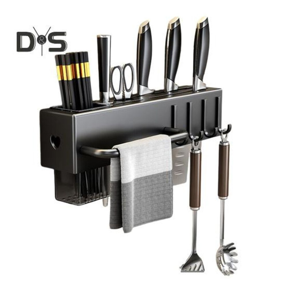 (black, 30cm) Wall-Mounted Cutter Storage Rack Carbon Steel Cutter Holder Organizer with Chopstick Spoon Fork Holder Load Capacity Utensil Organizer
