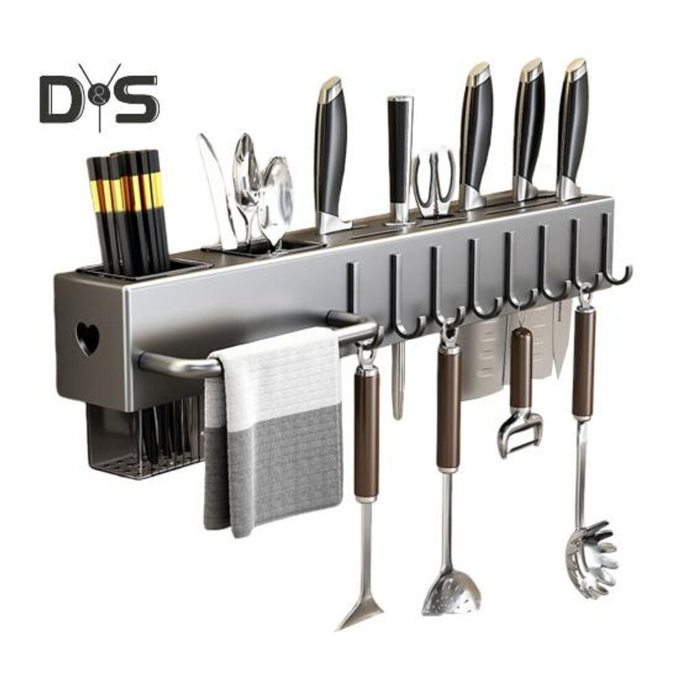 (grey, 50cm) Wall-Mounted Cutter Storage Rack Carbon Steel Cutter Holder Organizer with Chopstick Spoon Fork Holder Load Capacity Utensil Organizer