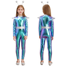 (blue, 7-8 Years) Kids Girls Alien Costume Outer Space Cadet Holographic Metallic Full Bodysuit Jumpsuit Halloween Party Cosplay Dress Up