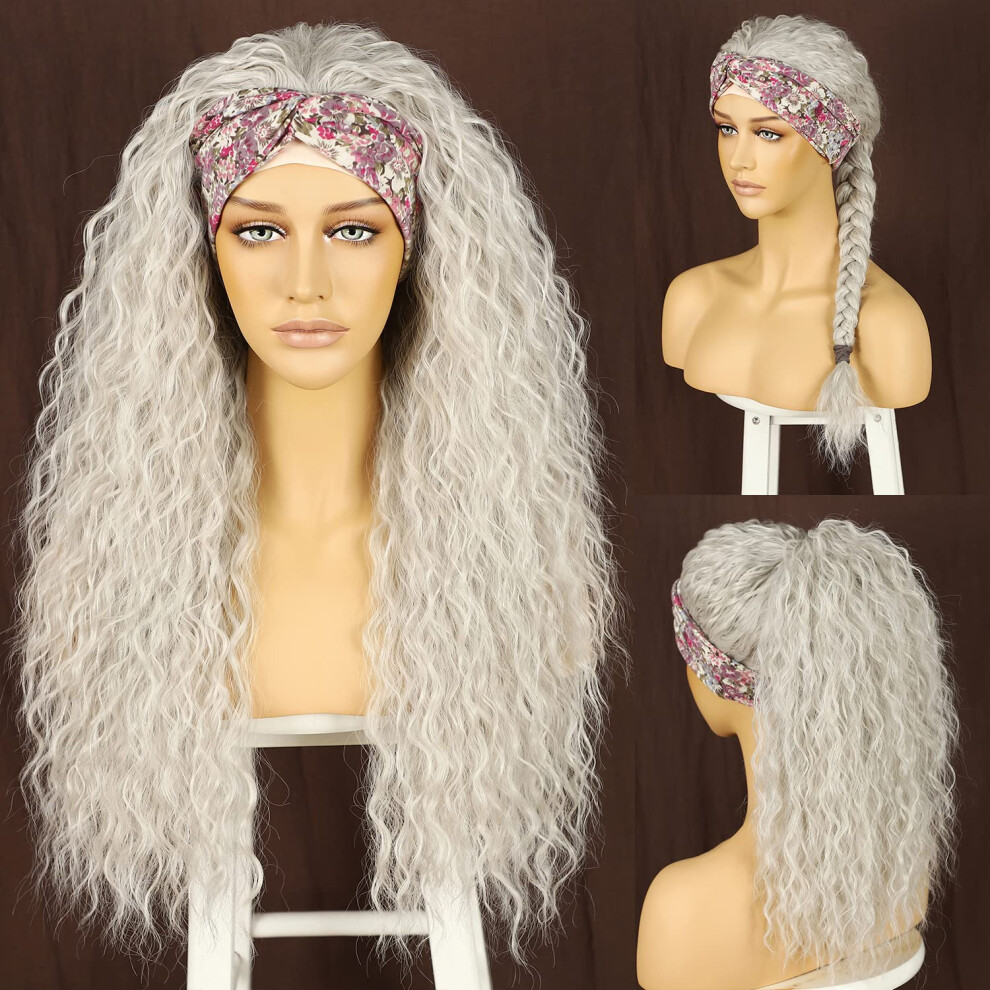 Somiarik Unisex Black,Silver 60 Platinum Blonde Headband Wig Long Synthetic Wig Glueless Loose Curly Headband Wigs For Black Women 26Inch 130 Percent Density He