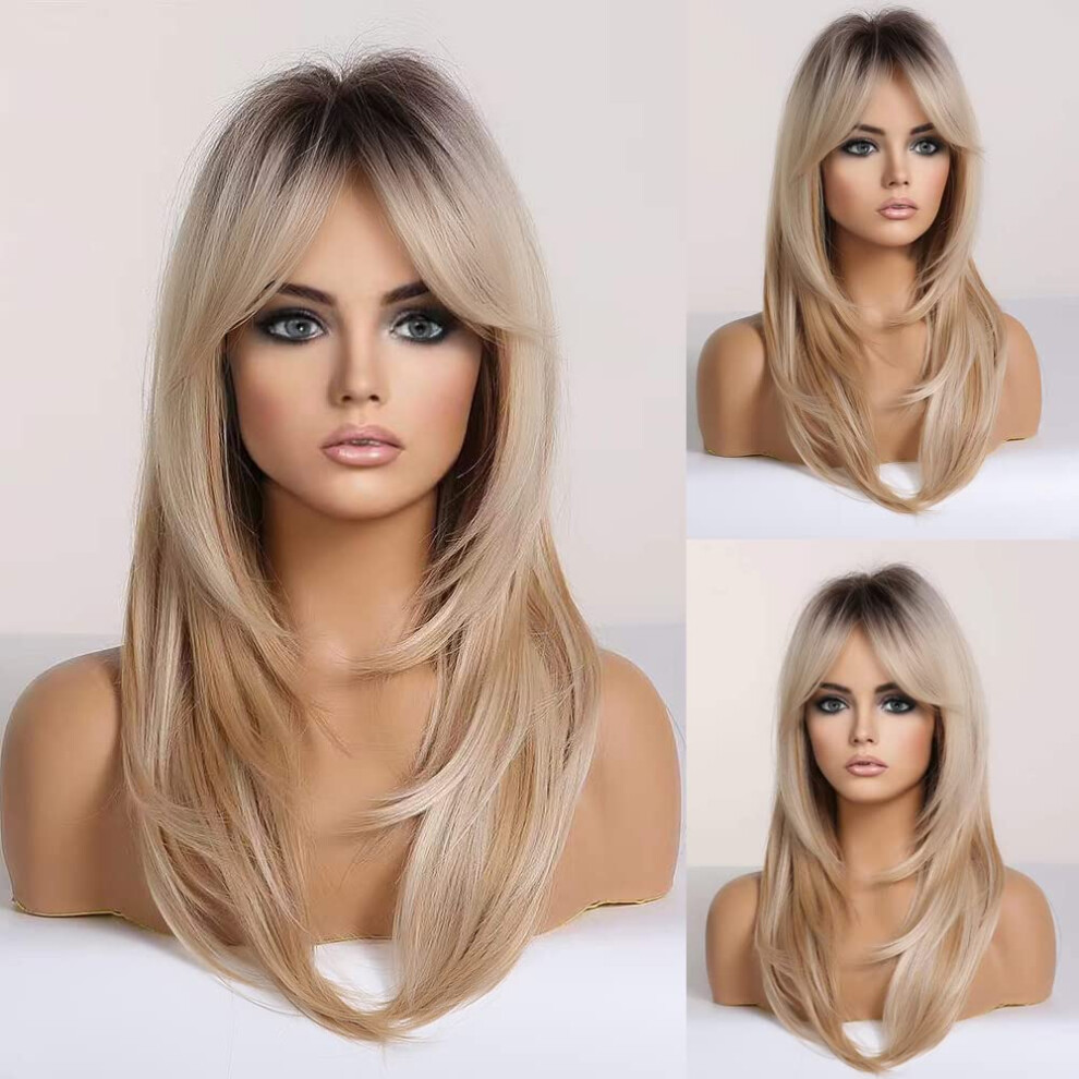 Alanhair Long Ombre Blonde Wigs For Women,Haircube Layered Synthetic Wig With Bangs Heat Resistant Fiber Daily 24 Inch