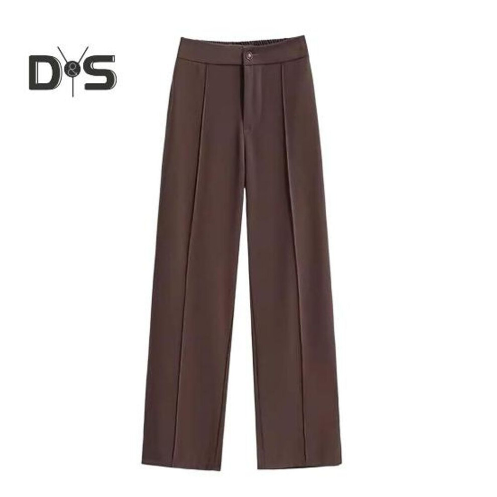 (brown, 3XL) Women Suit Pants Elastic High Waist Button Zipper Fly Long Pants Solid Color Straight Wide Leg Office Lady Dress Pants Workwear