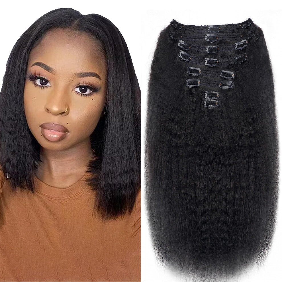 Mihugass Kinky Straight Clip In Hair Extensions Real Human Hair Clip Ins Natural Black Double Weft Clip Ins For Women 12 Inch 120G 8Pcs Kinky Straigh