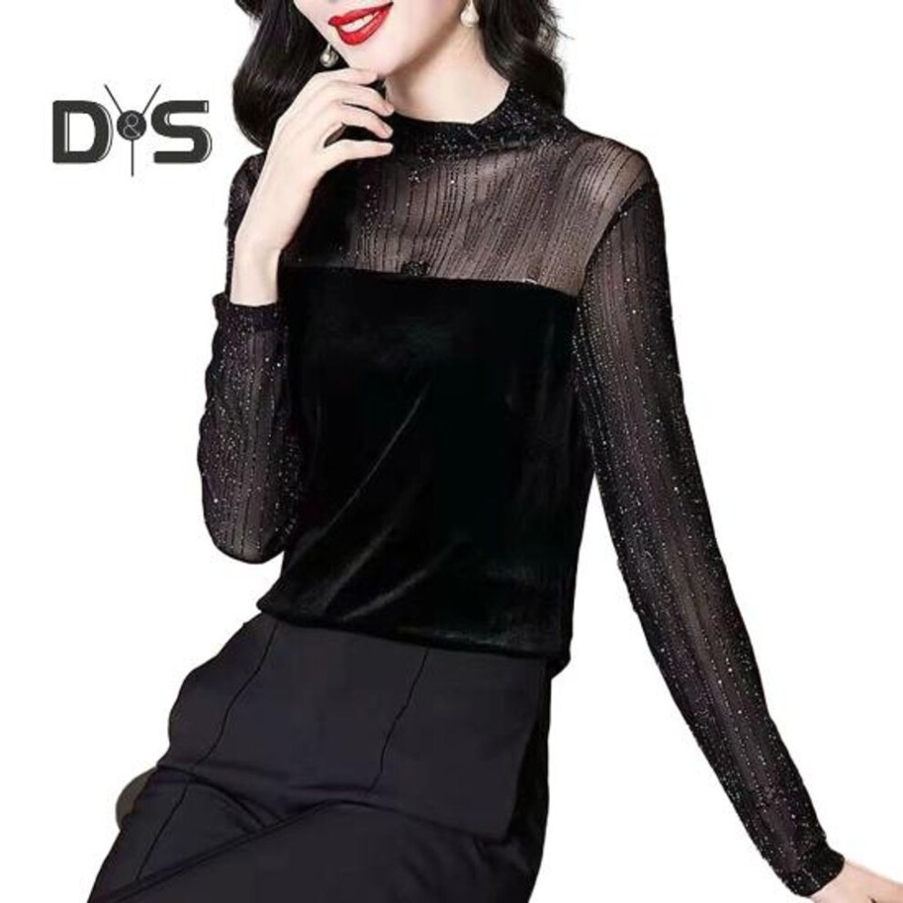 Women Shirt Shiny Stripe See through Lace Patchwork Long Sleeve Stand Collar Solid Color Soft Pullover Commute Lady Blouse Top
