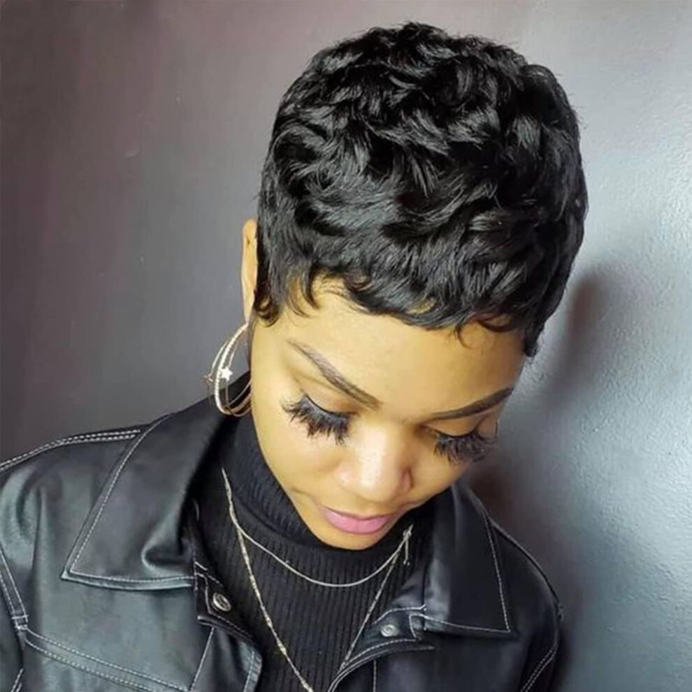 Perruque courte lisse coupe Pixie YOUKNOWIG pour femmes noires, 100 % cheveux humains brésiliens, entièrement fabriquée à la machine, couleur noi