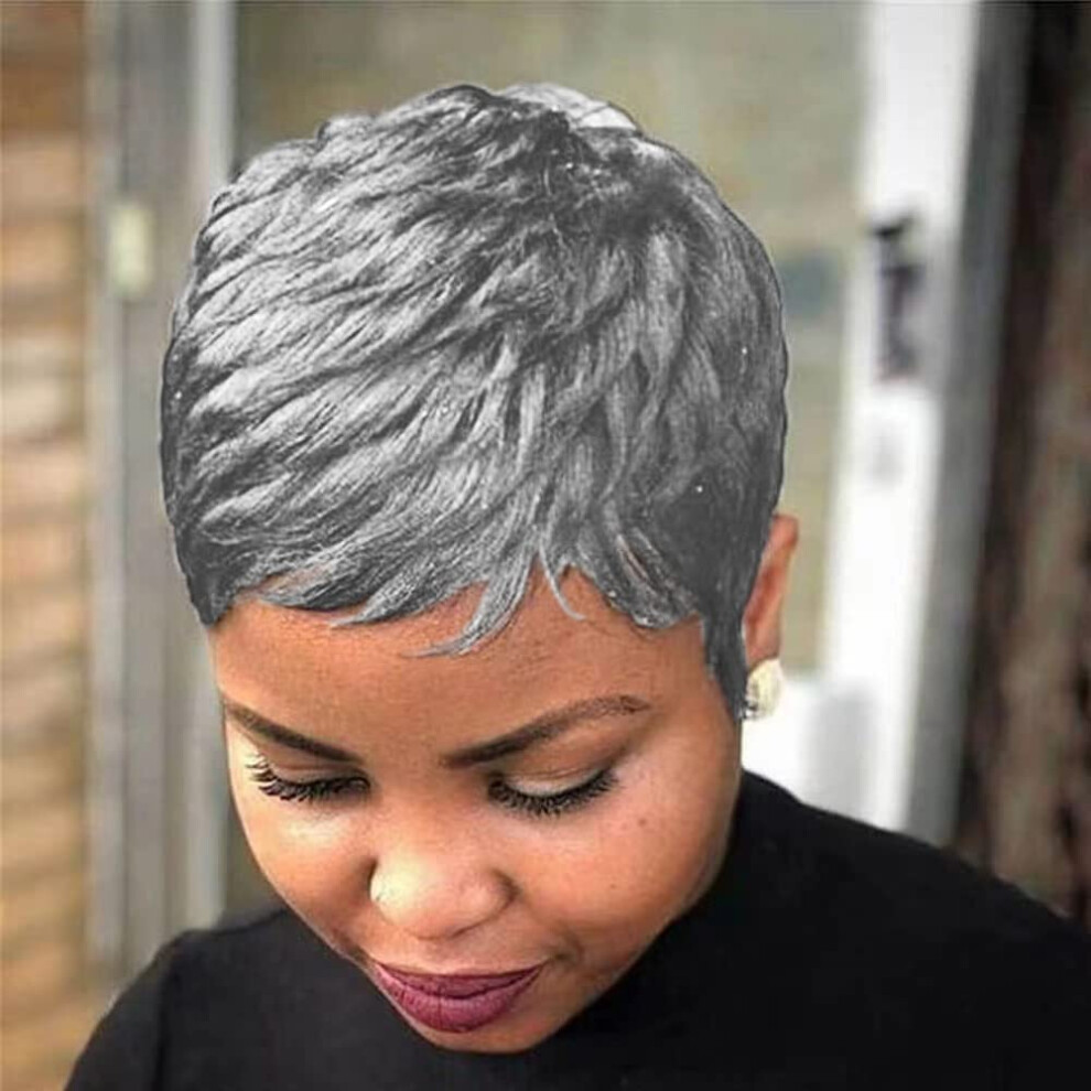 Sedra Unisex Black,Grey Docute Short Grey Pixie Cut Wigs For Black Women Grey Pixie Wigs For Black Women Grey Pixie Cut Short Wavy Layered Wigs Grey Wavy Wigs Short