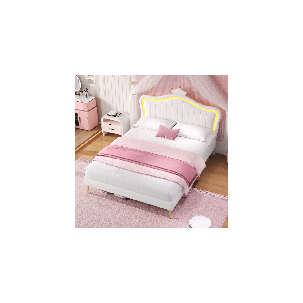 4ft6 Double Upholstered Bed with LED Adjustable Crown Shape Headboard, PU Leather Bed Frame with Solid Wood Slat, Cream White (No Mattress)
