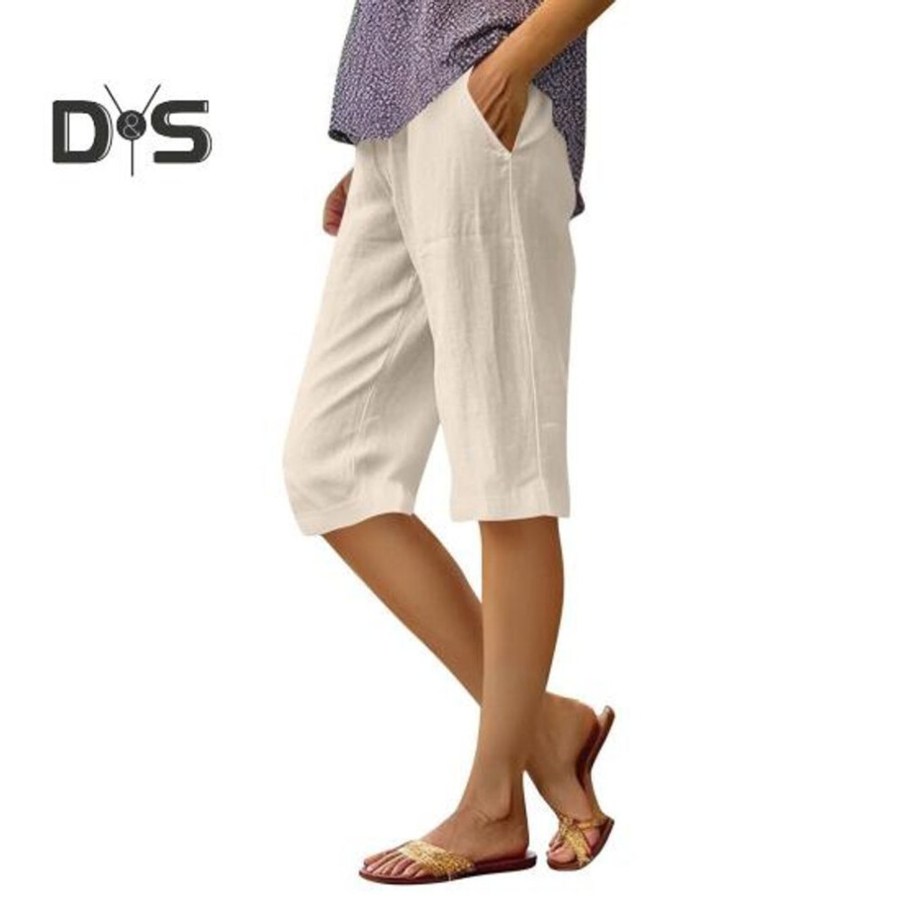 (apricot, L) Women Shorts Elastic Mid-rise Straight Leg Knee-length Pants With Pockets Solid Color Regular Style Shorts