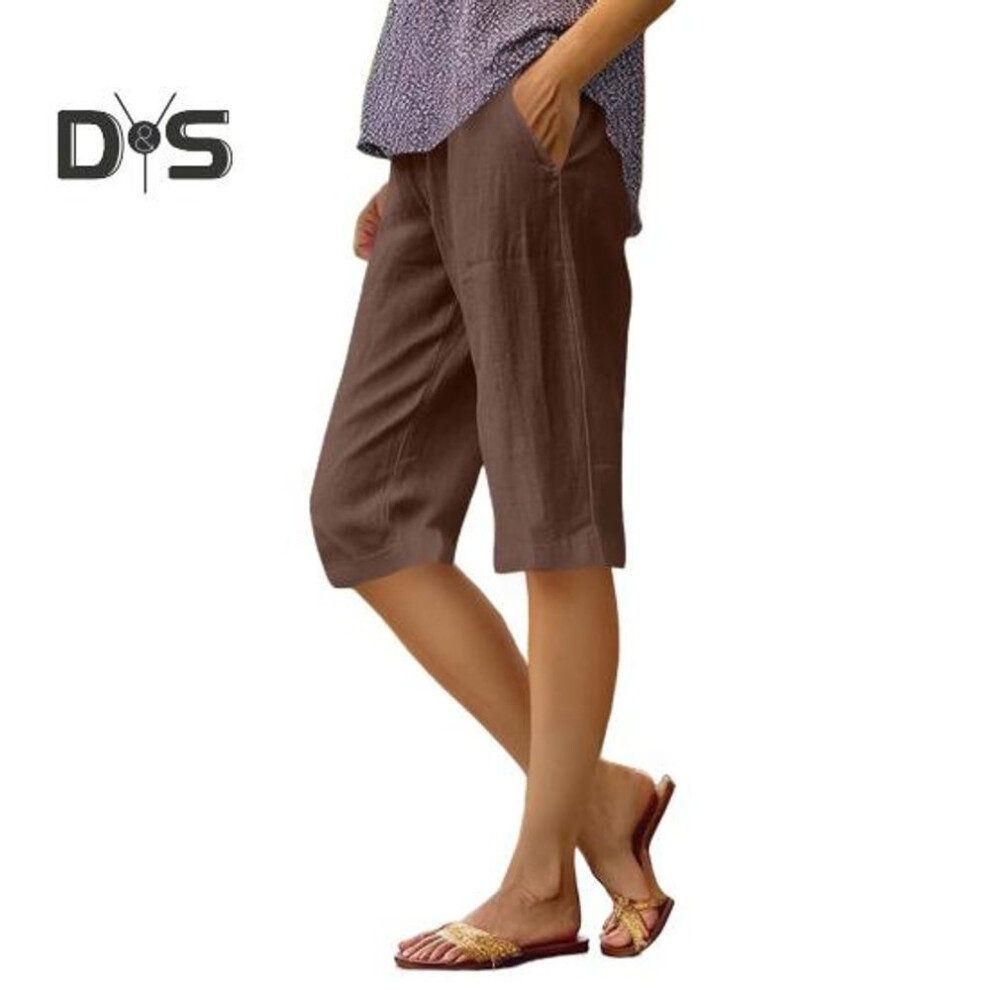 (coffee, 2XL) Women Shorts Elastic Mid-rise Straight Leg Knee-length Pants With Pockets Solid Color Regular Style Shorts