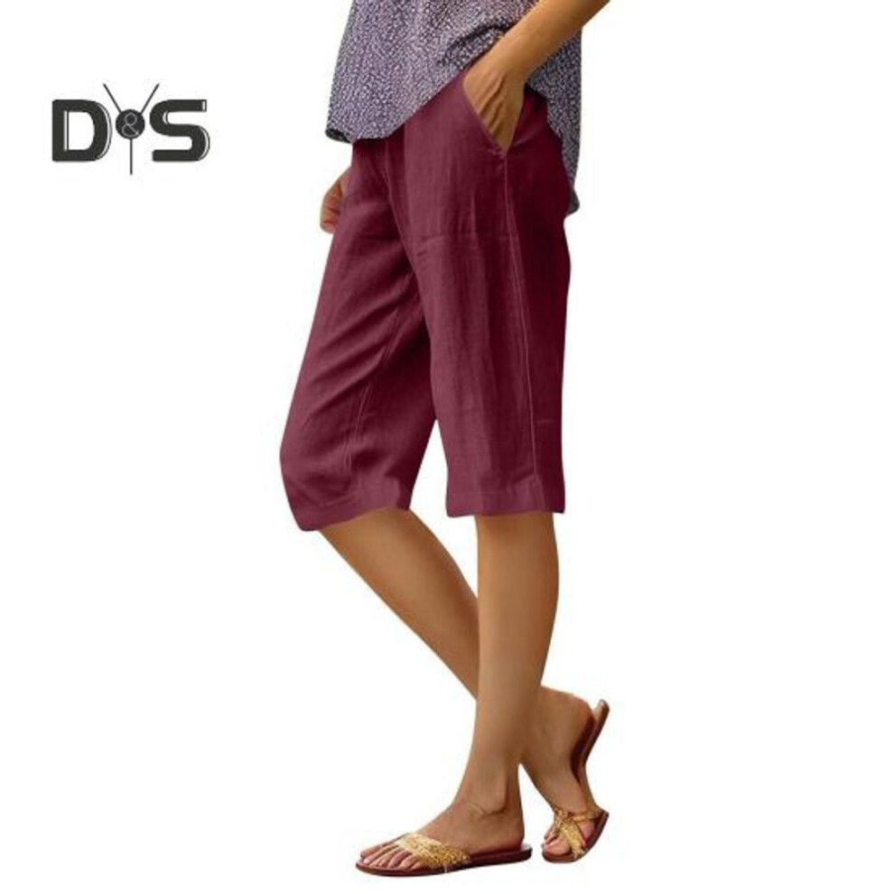 (brick red, M) Women Shorts Elastic Mid-rise Straight Leg Knee-length Pants With Pockets Solid Color Regular Style Shorts