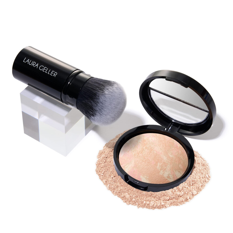 LAURA GELLER NEW YORK Get Glowing Kit (2pc): Baked Balance-n-Glow Illuminating Powder Foundation  Porcelain + Airbrush Kabuki Makeup Brush