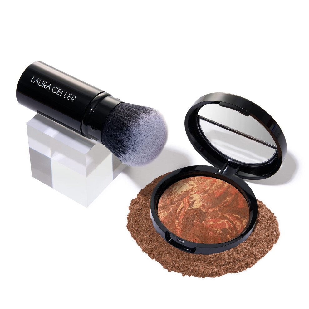 LAURA GELLER NEW YORK Get Glowing Kit (2pc): Baked Balance-n-Glow Illuminating Powder Foundation  Toffee + Airbrush Kabuki Makeup Brush
