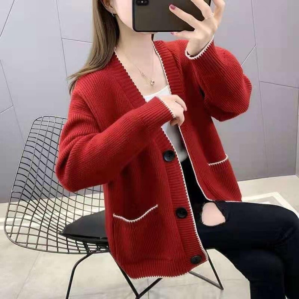 (One size [suitable for 80--140 catties], red) 2024 Spring Korean Women's Loose Solid Color Single-breasted Medium Thick Knitted Cardigan