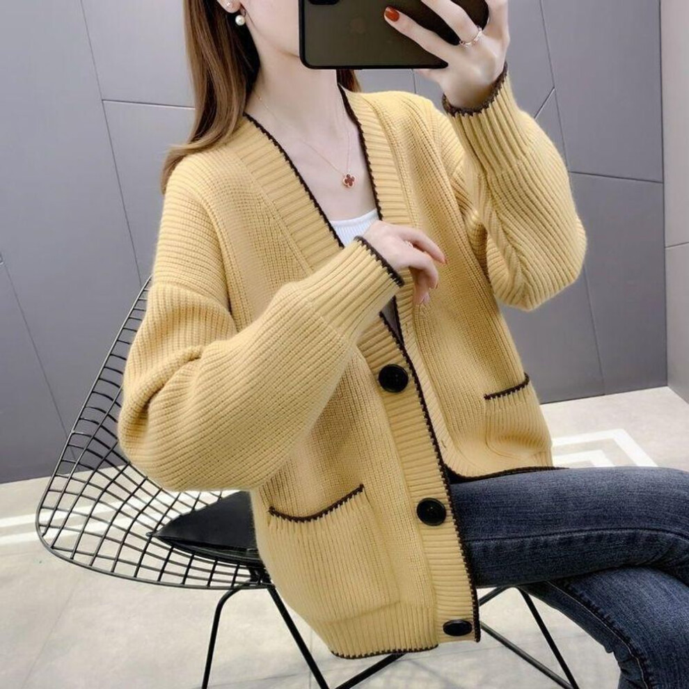 (One size [suitable for 80--140 catties], yellow) 2024 Spring Korean Women's Loose Solid Color Single-Breasted Medium Thick Knitted Cardigan