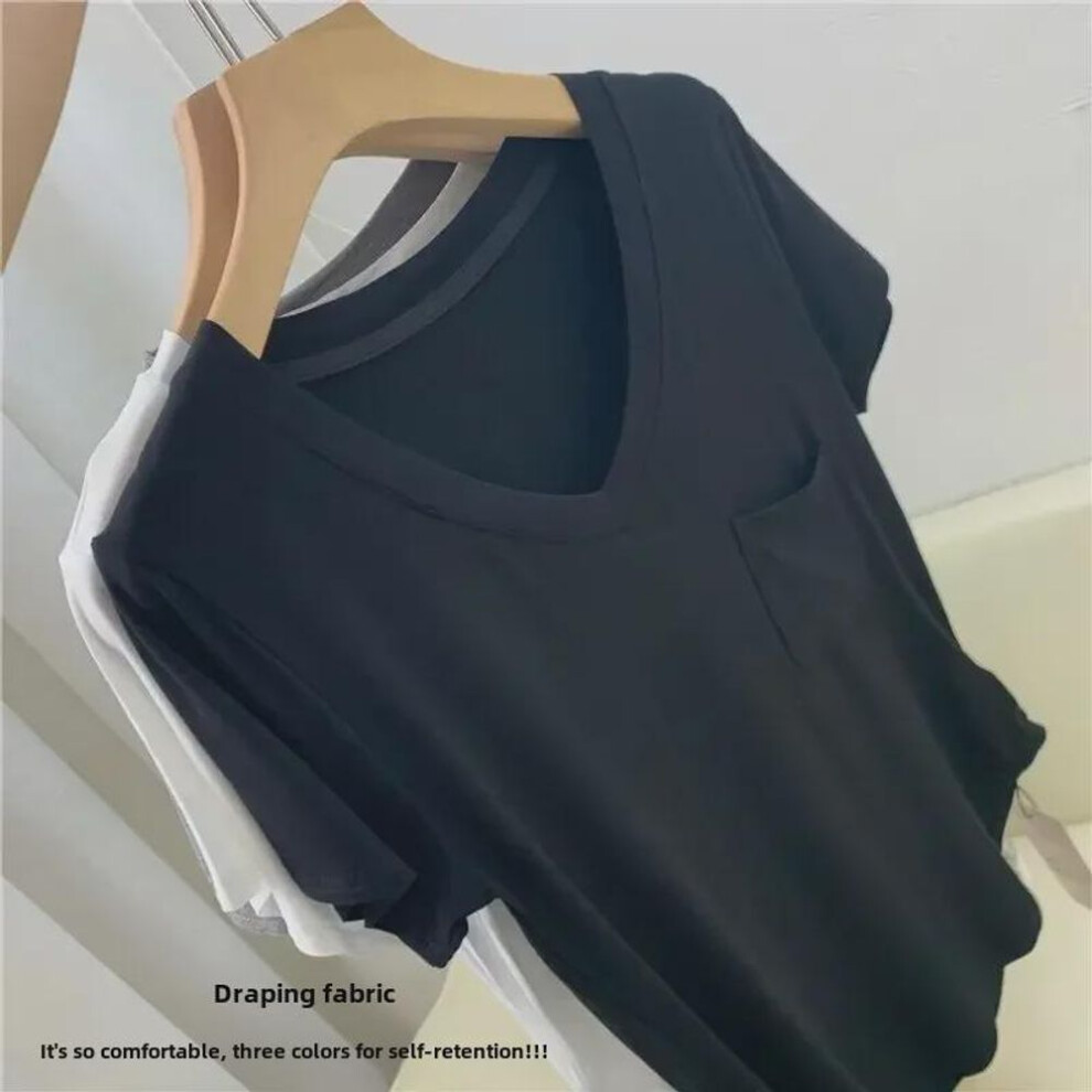 (L (50-57.5 kg), black) Modal Cotton Drape Women's Casual Loose V-Neck T-Shirt - Korean Style, Mid-Length, Short Sleeves, Summer Top