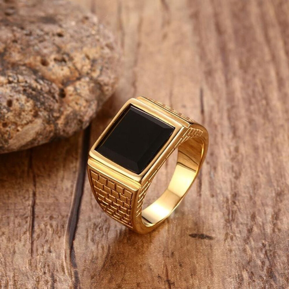 (as the picture, 8) Black Stone Mens Signet Ring, Stylish Gold Color Stainless Steel Statement Ring, Husband Dad Christmas Gifts For Him