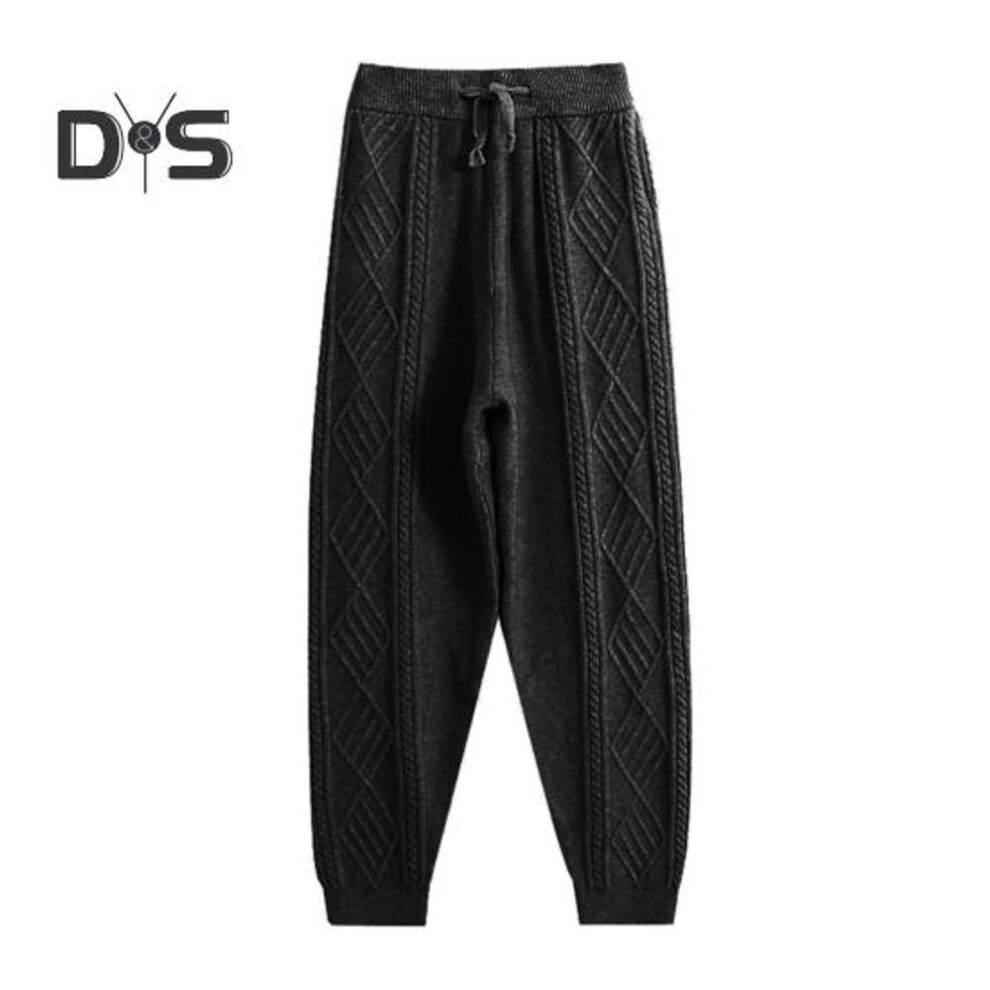 (black) Women Harem Pants Elastic High Waist Adjustable Drawstring Knitting Pants Solid Color Loose Fit Rhombus Texture Long Trousers
