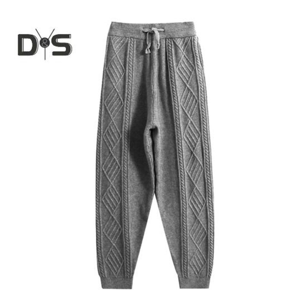 (grey) Women Harem Pants Elastic High Waist Adjustable Drawstring Knitting Pants Solid Color Loose Fit Rhombus Texture Long Trousers