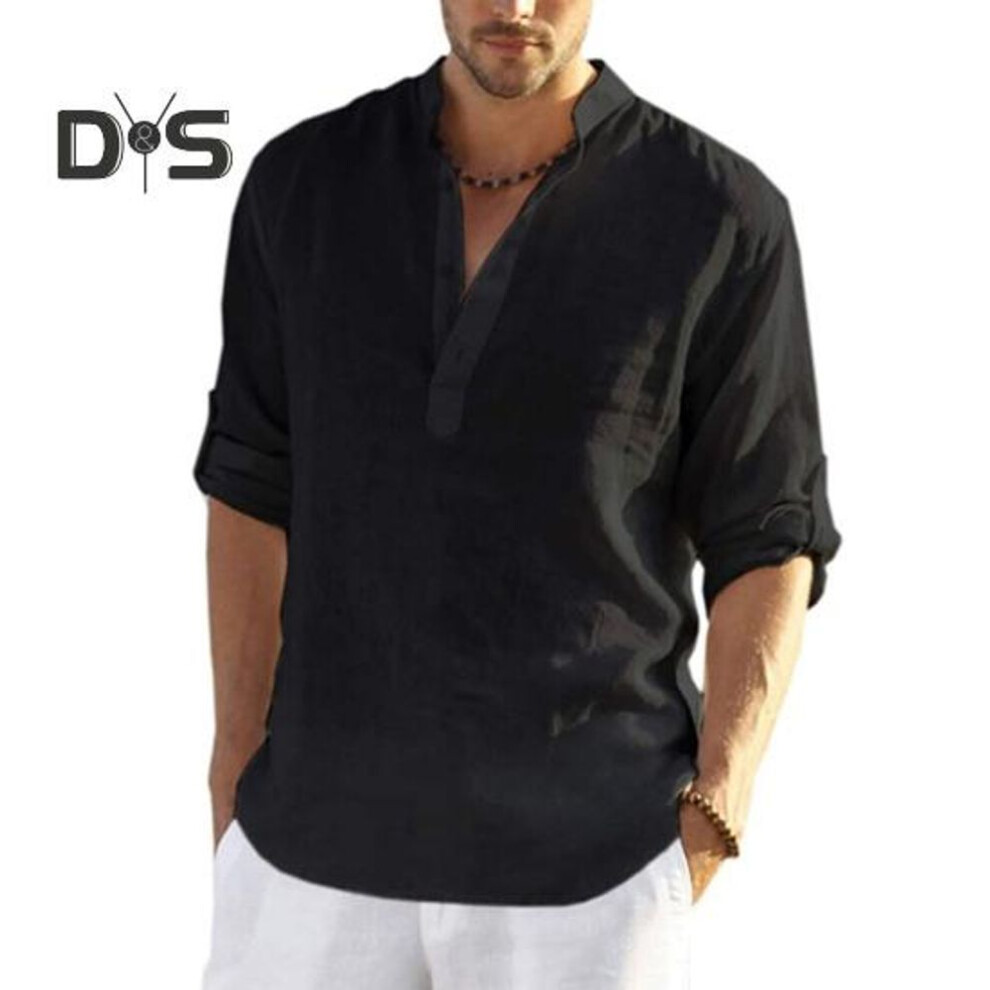 (M, black) Men Shirt Stand Collar Long Sleeve With Cufflinks Solid Color Loose Top For Beach Daily Wear Mid Length Pullover Buttoned Shirt
