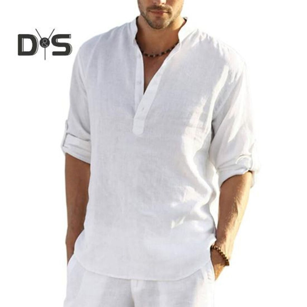 (XXXL, white) Men Shirt Stand Collar Long Sleeve With Cufflinks Solid Color Loose Top For Beach Daily Wear Mid Length Pullover Buttoned Shirt