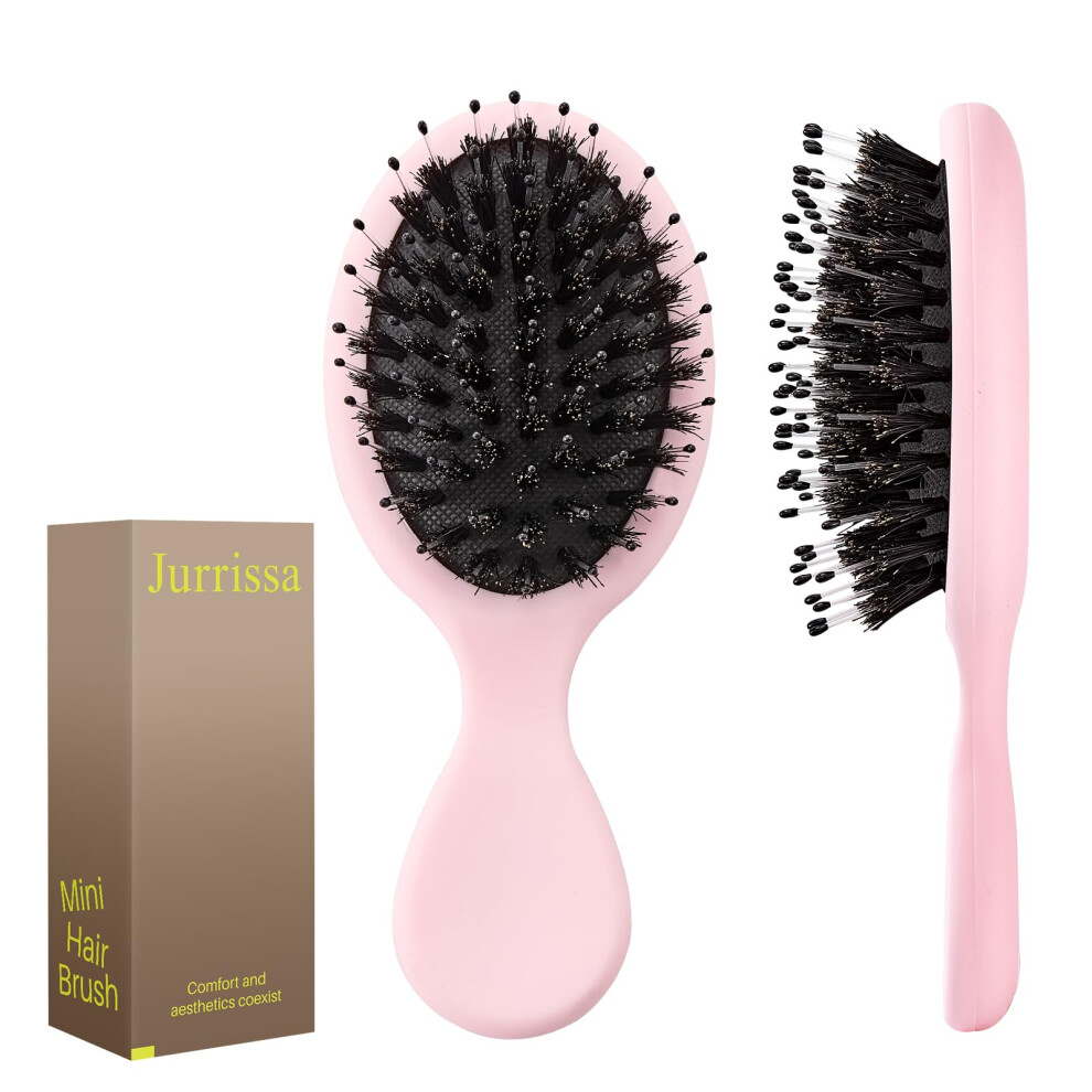 Jurrissa Mini Boar Bristles Hair Bursh,Travel Size Mini Hair Brush For Women,Men,Kids-Protable Small Hair Brush For Pockets,Purses- Mini Detangler Bru