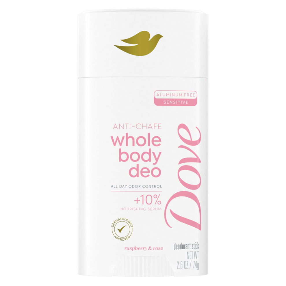 D  odorant Dove Whole Body Deo sans aluminium anti-frottements en stick framboise et rose pour un contr  le des odeurs de 72 h, 73 ml