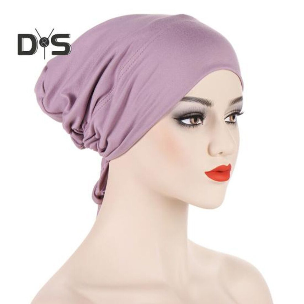 (purple) Women Turban Hat Pre Tied Drawstring Wrap Headscarf Sleep Hair Cover Skull Cap Chemo Cancer Headwear