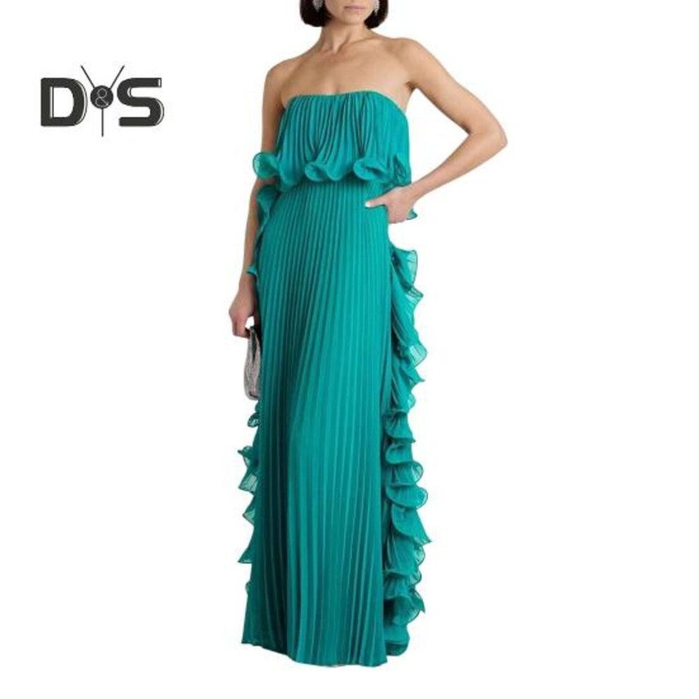 (green, M) Women's Off Shoulder Maxi Dress Summer Ruffle Pleated Swing Long Dress for Wedding Parties Travel Beach Outfit