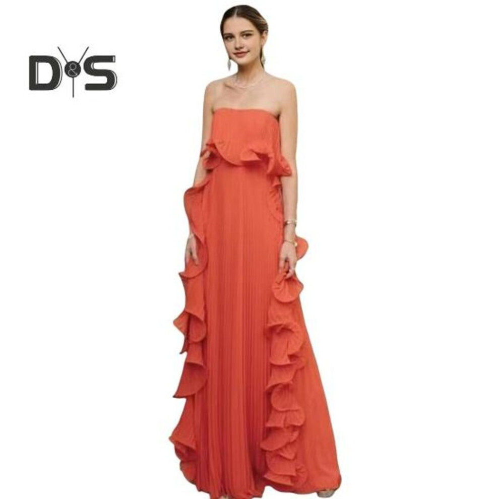 (orange, L) Women's Off Shoulder Maxi Dress Summer Ruffle Pleated Swing Long Dress for Wedding Parties Travel Beach Outfit