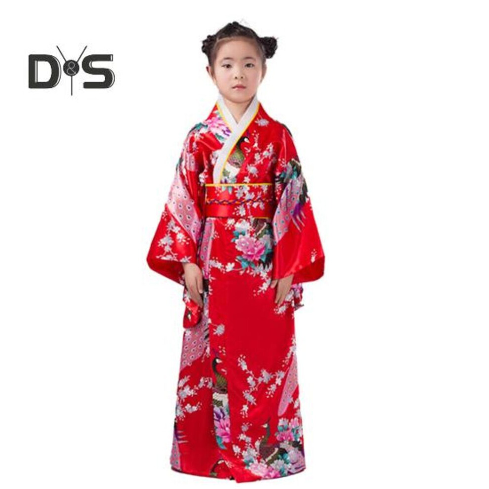 (red, 130cm) 1 Set Girls Traditional Kimono Pajama Vibrant Colors Floral Peacock Print Easy To Wear Comfortable Kimono