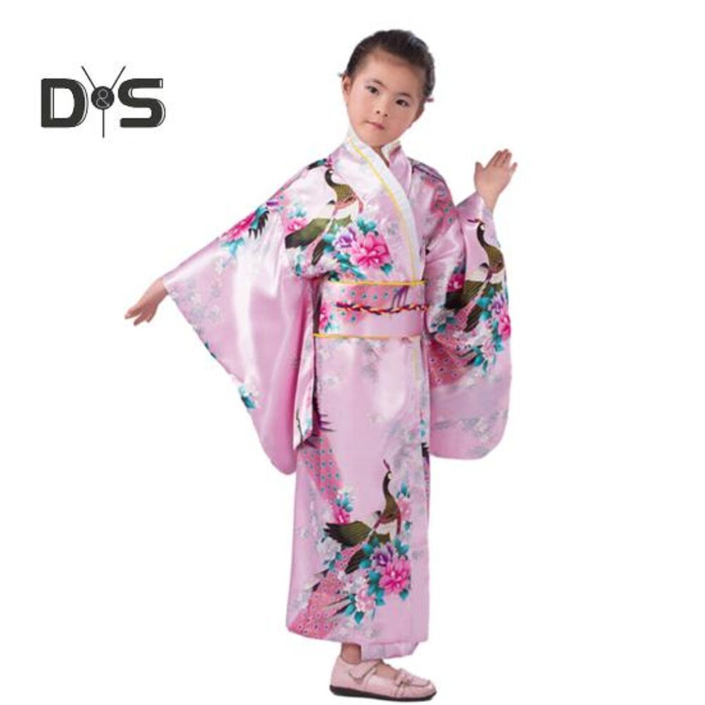 (pink, 140cm) 1 Set Girls Traditional Kimono Pajama Vibrant Colors Floral Peacock Print Easy To Wear Comfortable Kimono