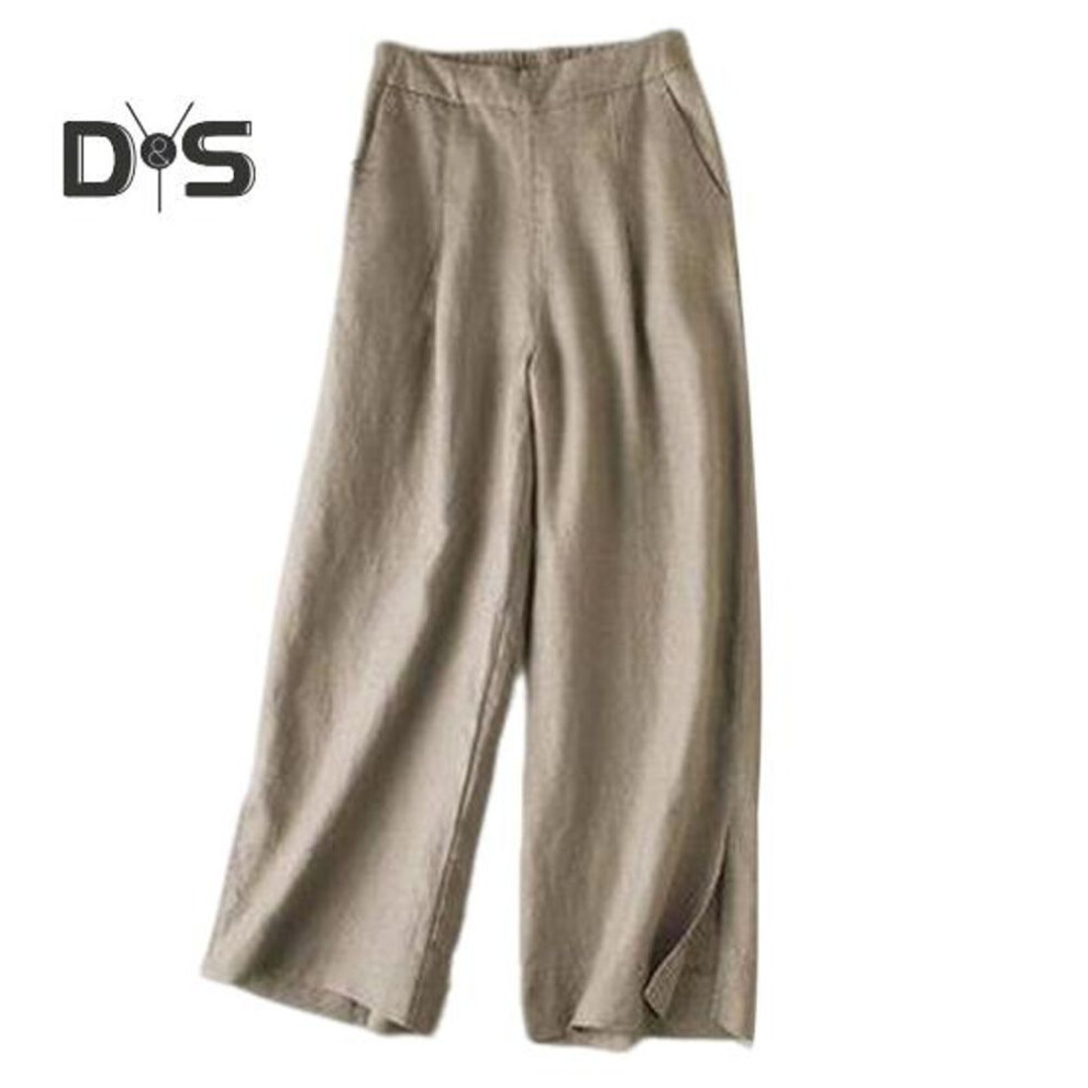 (khaki, M) Women Summer Pants Mid-rise Elastic Waist Wide-leg Pants With Pockets Split Cuffs Solid Color Trousers Streetwear