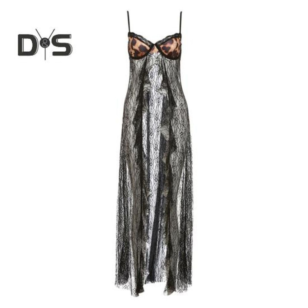 (S, black) Women Sling Vest Spaghetti Strap Design Strappy Backless Leopard Print Bra Tops See-through Lace Hem Camisole
