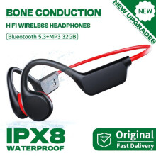 (BlackRed-32GB) New Upgrades Bluetooth 5.3 Bone Conduction Wireless Headphones Depth IPX8 Waterproof Swimming Headsets 32GB RAM MP3 Player For Diving Outdoor Sports