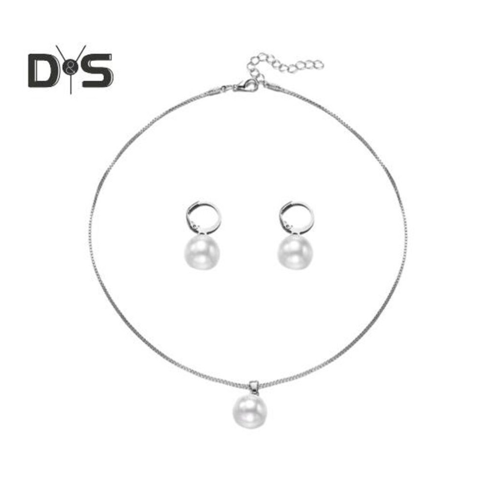 (silver) Faux Pearl Jewelry Set For Women White Faux Pearl Necklace Hoop Earrings Set For Bride Bridesmaid Wedding Accessory