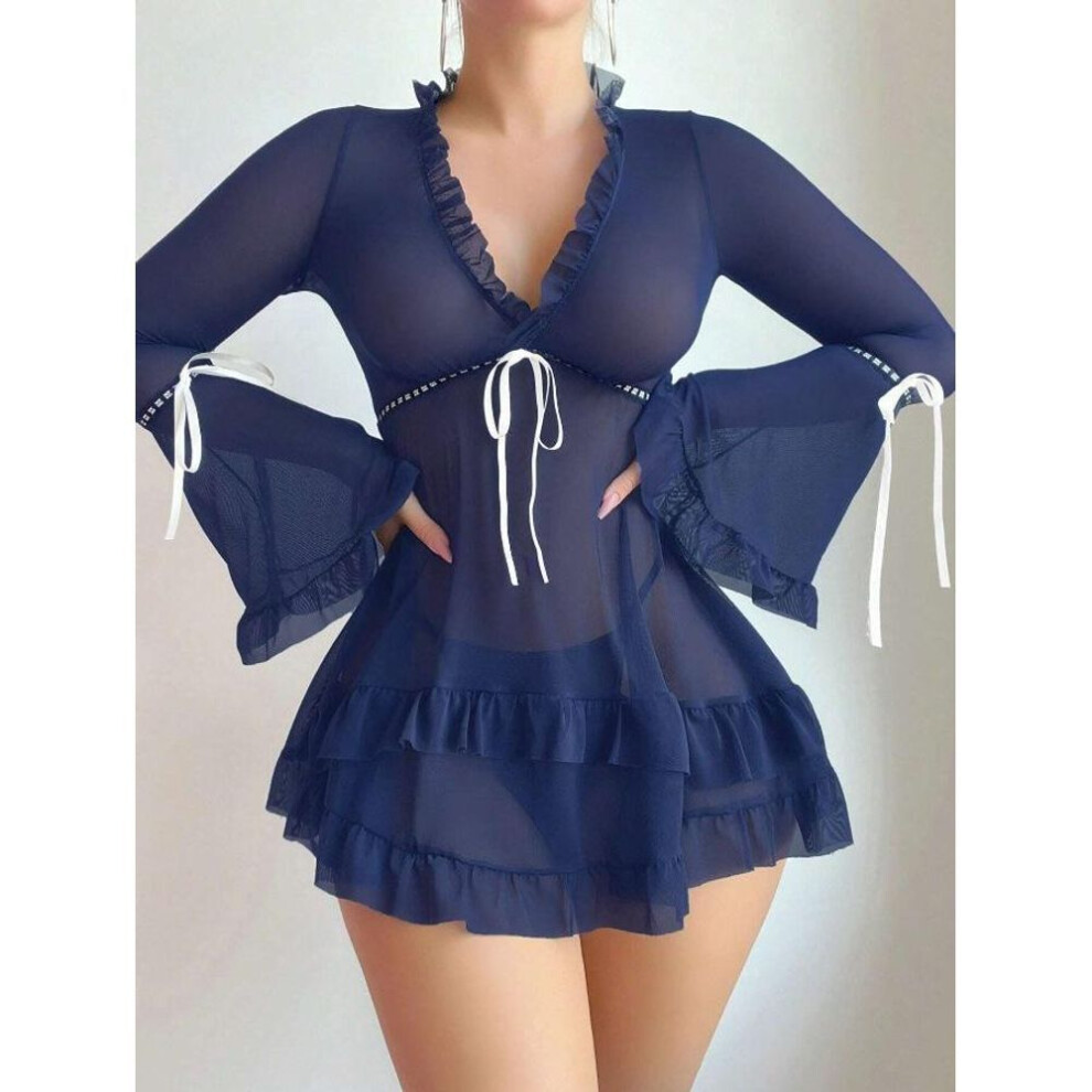 (dark blue, M) New Sex Sexy Female Lace Mesh Spotted Skirt Nightdress Pajamas Sex Suit