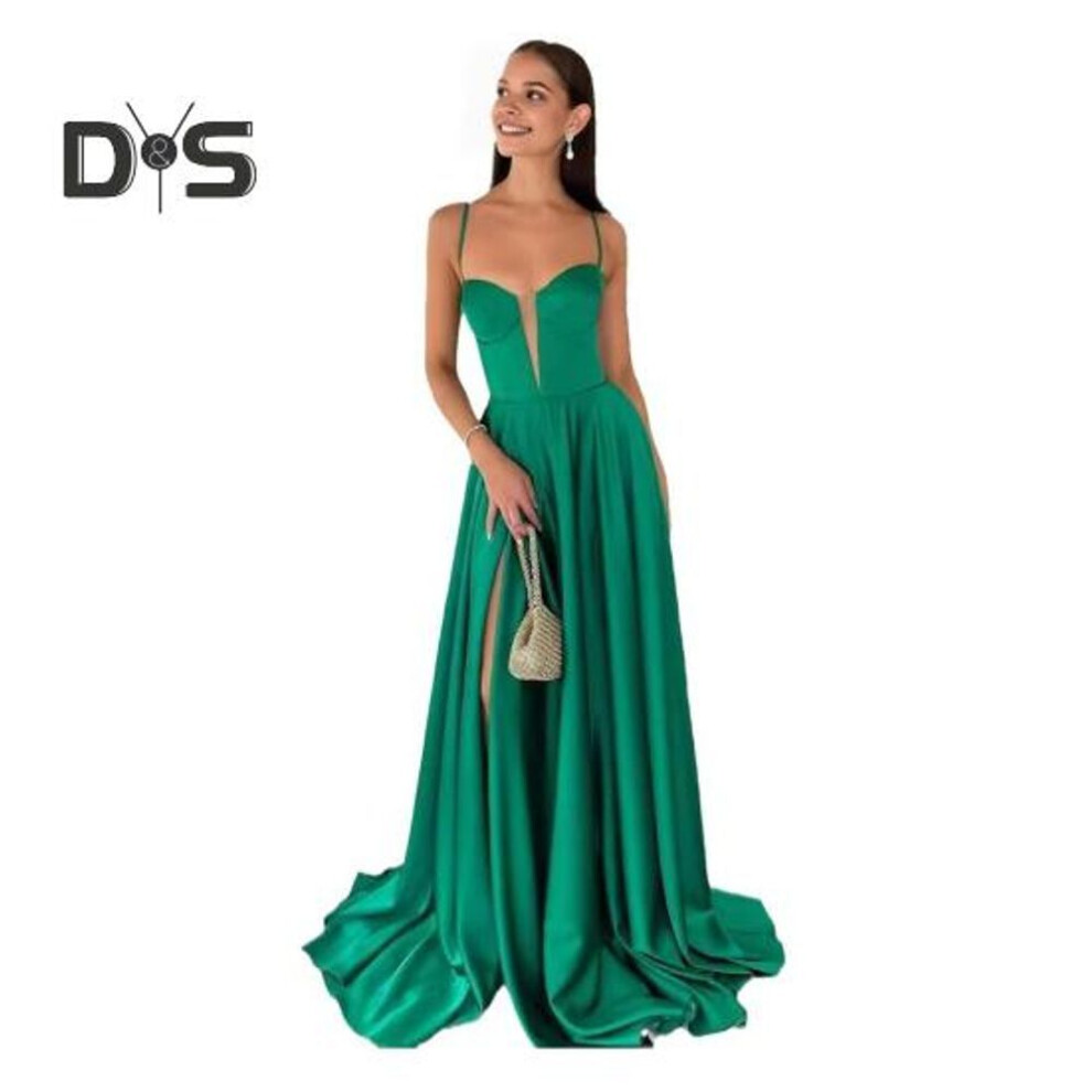 (green, L) Lady Evening Dress Low-cut Collarless Lace-up Hollow Back Sleeveless Pleated Spaghetti Strap Floor Length Maxi Dress Slim Fit High Slit Solid Color