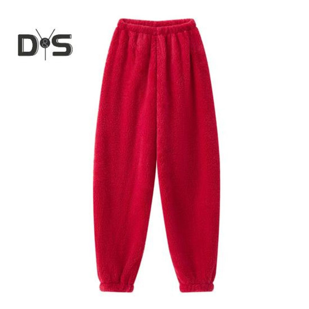 (rose red, M) Winter Pajama Pants Thick Plush Elastic Waist Loose Keep Warm Leg-Binding Design Unisex Homewear Trousers Solid Color Lounge Bottoms