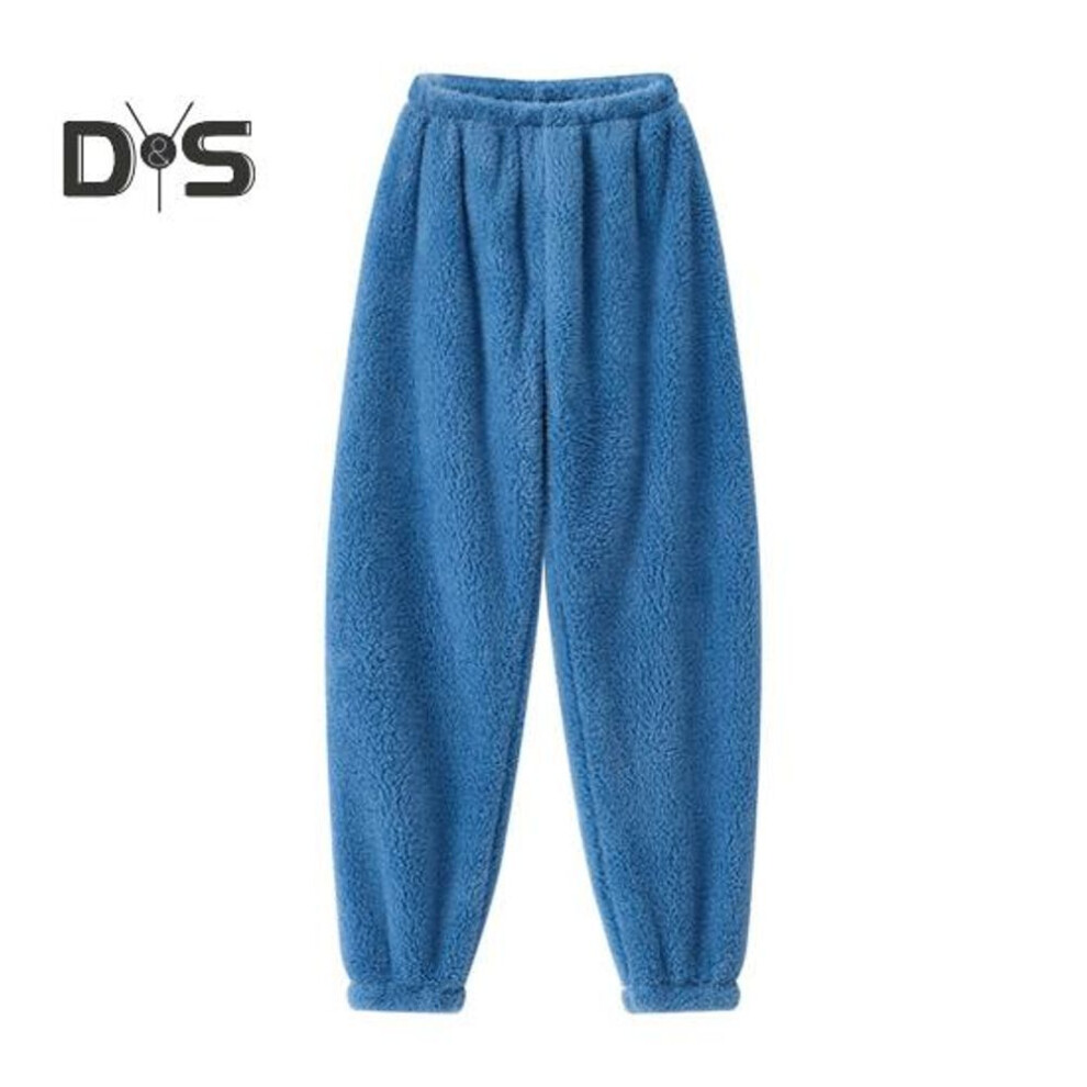 (dark blue, XXL) Winter Pajama Pants Thick Plush Elastic Waist Loose Keep Warm Leg-binding Design Unisex Homewear Trousers Solid Color Lounge Bottoms