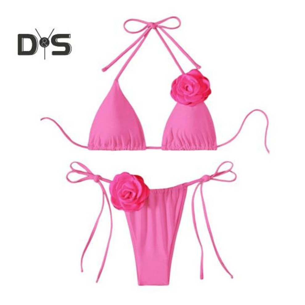 (S, pink) 2Pcs/Set Women Bikini Set Lace-up Halter Padded Bra Swimming Trunks Set 3D Flower Decor Beach Style Swimwear