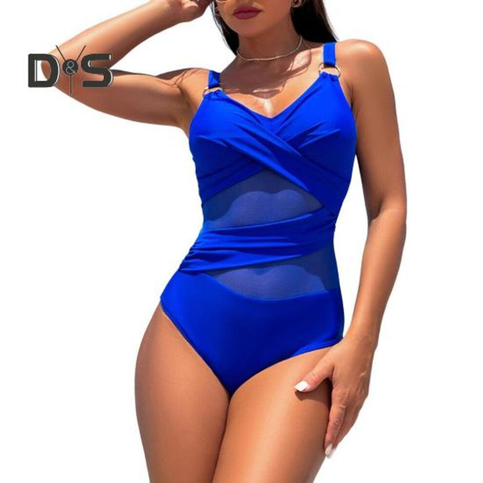 (M, royal blue) Women Monokini Deep V-Neck Sleeveless Slim Fit One-piece Bikini Solid Color Mesh Splicing Tummy Control Swimwear