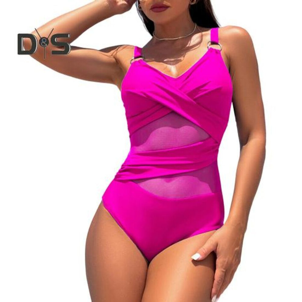 (XL, rose red) Women Monokini Deep V-Neck Sleeveless Slim Fit One-piece Bikini Solid Color Mesh Splicing Tummy Control Swimwear