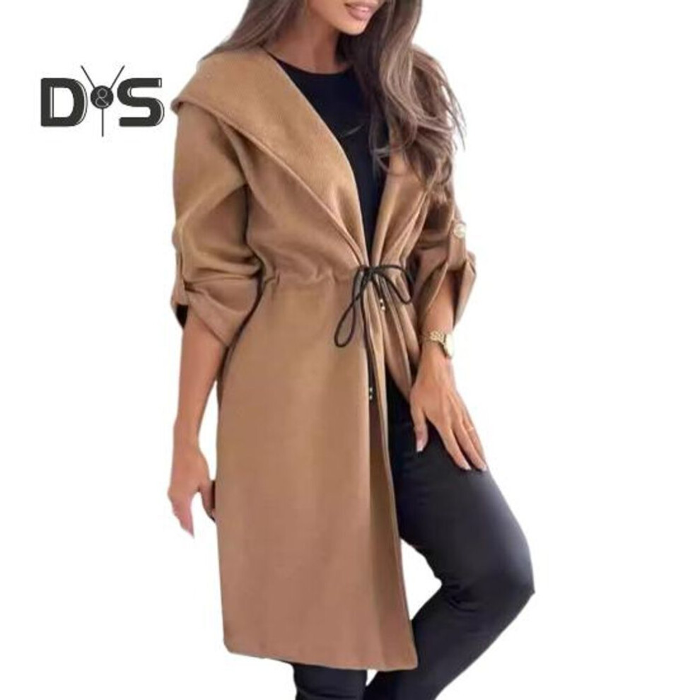 (camel, S) Lady Winter Coat Drawstring Slim Waist Hooded Thick Solid Color Mid Length Keep Warm Long Sleeve with Cufflinks Commuting Travel Overcoat